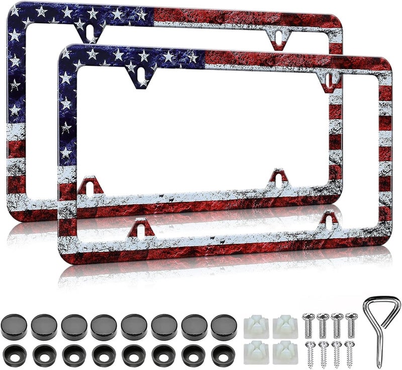 LIN KANG American Flag License Plate Frame - 2 Pack Vintage Patriotic USA Flag Aluminum Metal License Plate Holder Covers, Rust-Proof Waterproof Car Decorative Tag Frames for Standard US 12x6 Inch - Image 1